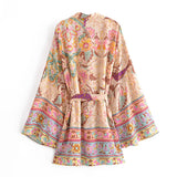 Boho Short Robe – “Peony” Green Floral Kimono Beach Cover-Up for Women