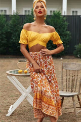 Boho Maxi Skirt – “Honey Flower” Hippie Floral Long Skirt in Orange & Yellow for Women