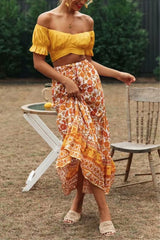 Boho Maxi Skirt – “Honey Flower” Hippie Floral Long Skirt in Orange & Yellow for Women