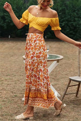 Boho Maxi Skirt – “Honey Flower” Hippie Floral Long Skirt in Orange & Yellow for Women
