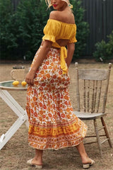 Boho Maxi Skirt – “Honey Flower” Hippie Floral Long Skirt in Orange & Yellow for Women