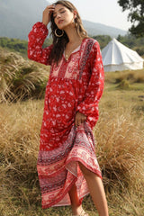 Boho Maxi Dress – “Desert Mosaic” Long Sleeve Printed Gown in Dusty & Red