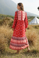 Boho Maxi Dress – “Desert Mosaic” Long Sleeve Printed Gown in Dusty & Red