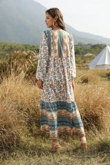 Boho Maxi Dress – “Desert Mosaic” Long Sleeve Printed Gown in Dusty & Red