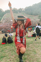 Boho Maxi Dress – “Desert Mosaic” Long Sleeve Printed Gown in Dusty & Red