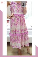 Boho Maxi Dress, Strappy, Delanry in Rosy Pink Stripe