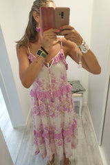 Boho Maxi Dress, Strappy, Delanry in Rosy Pink Stripe