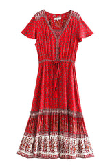 Bohemian Mini Dress – “Rosy Caravan” Flowy Red Floral Dress Summer Sundress in Red & Sand