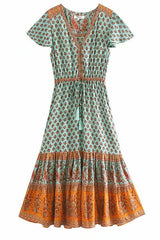 Bohemian Maxi Dress – “Terracotta Breeze” Flowy Summer Dress in Mint and Pink