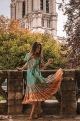 Bohemian Maxi Dress – “Terracotta Breeze” Flowy Summer Dress in Pink and Mint
