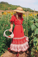 Bohemian Mini Dress – “Rosy Caravan” Flowy Red Floral Dress Summer Sundress in Red & Sand