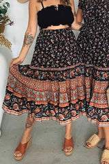 Boho Maxi Skirt – “Midnight Peony” Floral Print Skirt in Navy & Rose Stripe