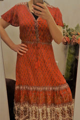 Bohemian Mini Dress – “Rosy Caravan” Flowy Red Floral Dress Summer Sundress in Red & Sand