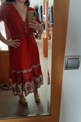 Bohemian Mini Dress – “Rosy Caravan” Flowy Red Floral Dress Summer Sundress in Red & Sand