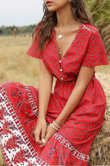 Bohemian Mini Dress – “Rosy Caravan” Flowy Red Floral Dress Summer Sundress in Red & Sand