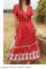 Bohemian Mini Dress – “Rosy Caravan” Flowy Red Floral Dress Summer Sundress in Red & Sand