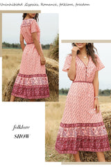 Bohemian Maxi Dress – “Terracotta Breeze” Flowy Summer Dress in Mint and Pink