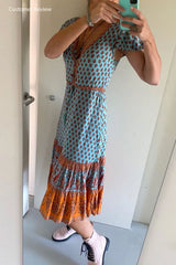 Bohemian Maxi Dress – “Terracotta Breeze” Flowy Summer Dress in Pink and Mint