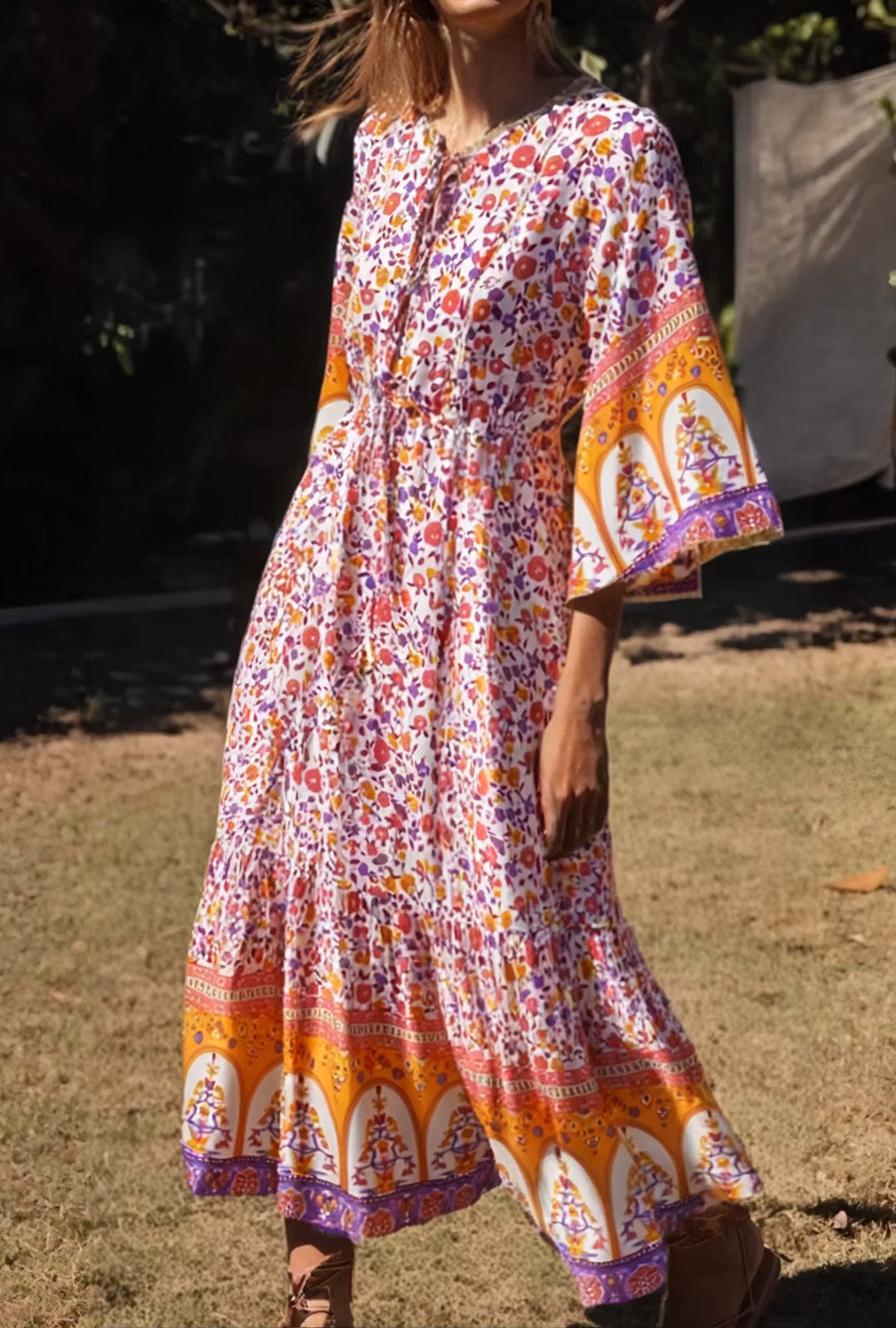 Boho Maxi Dress – Vibrant Bohemian Floral Dress with Bell Sleeves Sera