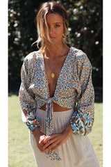 Boho Top for Women – Bohemian Blouse - “Olive Meadow”  in Red & Beige