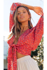 Boho Top for Women – Bohemian Blouse - “Olive Meadow”  in Red & Beige