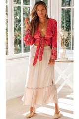 Boho Top for Women – Bohemian Blouse - “Olive Meadow”  in Red & Beige