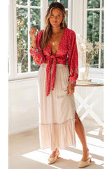 Boho Top for Women – Bohemian Blouse - “Olive Meadow”  in Red & Beige
