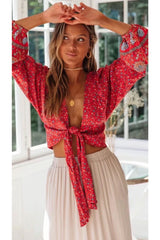 Boho Top for Women – Bohemian Blouse - “Olive Meadow”  in Red & Beige