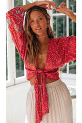 Boho Top for Women – Bohemian Blouse - “Olive Meadow” in Beige & Red