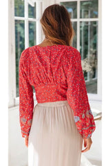 Boho Top for Women – Bohemian Blouse - “Olive Meadow”  in Red & Beige