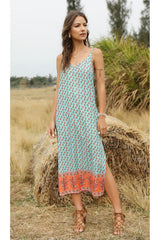 Boho Slip Maxi Dress – “Sundown Sage” Sleeveless Floral Dress in Green & Saffron