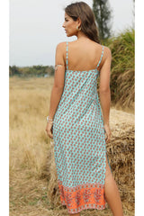 Boho Slip Maxi Dress – “Sundown Sage” Sleeveless Floral Dress in Green & Saffron