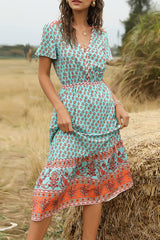 Bohemian Maxi Dress – “Terracotta Breeze” Flowy Summer Dress in Mint and Pink