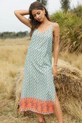 Boho Slip Maxi Dress – “Sundown Sage” Sleeveless Floral Dress in Green & Saffron