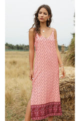 Boho Slip Maxi Dress – “Sundown Sage” Sleeveless Floral Dress in Green & Saffron
