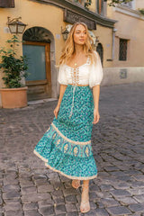 Hippie Maxi Skirt – “Peacock Bloom” Vintage Printed I Green and Red