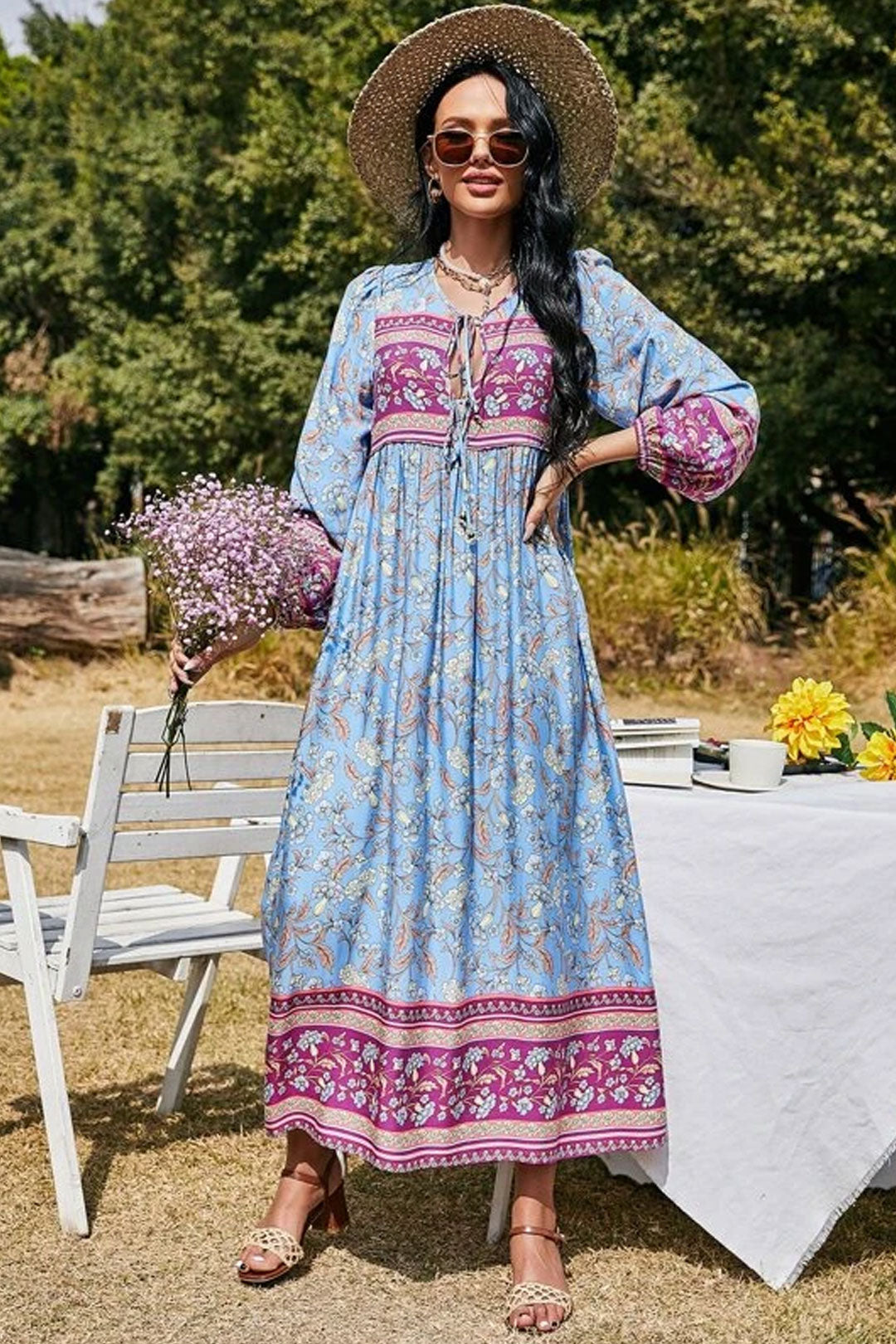 Boho Maxi Gown – “Wild Orchid” Loose Flowing Dress in Blue – Wild Rose Boho