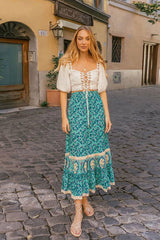 Hippie Maxi Skirt – “Peacock Bloom” Vintage Printed I Green and Red