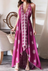 Bohemian Summer Maxi Dress – Ayla Backless Flowy Halter Dress in White, Green, Purple