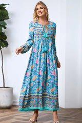 Bohemian Maxi Gown – “Wildfolk Garden” Floral Long Sleeve Dress in Turquoise Bloom