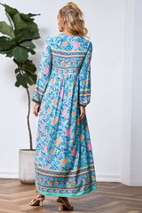 Bohemian Maxi Gown – “Wildfolk Garden” Floral Long Sleeve Dress in Turquoise Bloom