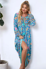 Bohemian Maxi Gown – “Wildfolk Garden” Floral Long Sleeve Dress in Turquoise Bloom