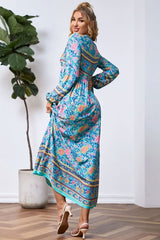 Bohemian Maxi Gown – “Wildfolk Garden” Floral Long Sleeve Dress in Turquoise Bloom