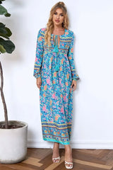 Bohemian Maxi Gown – “Wildfolk Garden” Floral Long Sleeve Dress in Turquoise Bloom