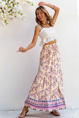 Boho Maxi Skirt – “Petal Drift” Soft Floral Skirt in Pastel Blush with Tassel Waist