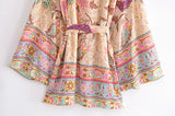 Boho Short Robe – “Peony” Green Floral Kimono Beach Cover-Up for Women
