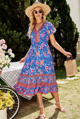 Boho Summer Dress – “Ocean Bloom” Flowy V-Neck Sundress in Teal & Green Floral Print