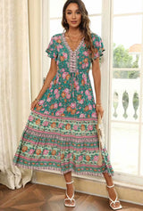 Boho Summer Dress – “Rosevine Dream” Button Front Maxi Sundress in Green & Pink