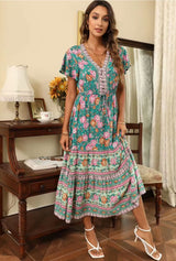 Boho Summer Dress – “Rosevine Dream” Button Front Maxi Sundress in Green & Pink