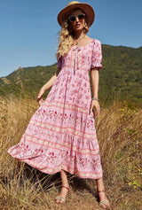 Boho Maxi Dress - Summer Dress – “Meadow” Button Front Sundress with Puff Sleeves in Pink annd Green